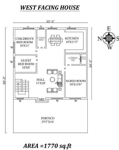 Autocad Drawing file shows 35' X 50' Beautiful 3bhk West facing House Plan As Per Vastu Shastra. The total buildup area of this house is 1770 sqft. The kitchen is in the Southeast direction. Dining is in the East Direction. The Hall is Placed in the northwest direction of the house. The master bedroom available in the southwest direction with the attached toilet is in the south direction. kid's bedroom is in the Northeast direction. The guest bedroom is available in the north direction. The comm North West Facing House Plan, 30x40 House Plans West Facing With Vastu, 35×50 House Plan, 35x50 House Plans 3 Bedroom, 30 40 West Facing House Plan, West Facing 3bhk House Plan, West Facing House Plans Vastu 30*50, West Face House Plan Vastu, West Facing Duplex House Plans