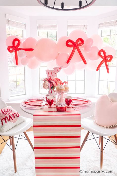 Tying the Knot of Love: A Bow-Themed Valentine's Day Party Guide Red And Pink Table Runner, Valentine’s Day Balloon Garland, Valentines Balloon Garland, Valentines Day Theme Party, Valentines Dessert Table, Valentine Dessert, Valentine Plates, Balloon Cloud, Day Party Ideas