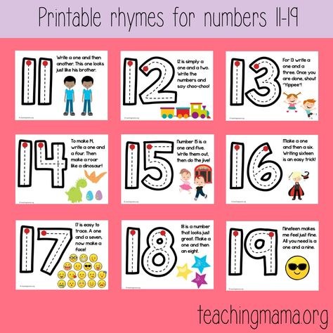 Number Rhymes For Kindergarten, Number Chants For Kindergarten, Number 11 Crafts For Preschoolers, Teaching Numbers 11-20, Number Posters For Classroom, Teen Numbers Anchor Chart, Number Posters Free 1-20, Number Formation Rhymes, Teen Numbers Kindergarten