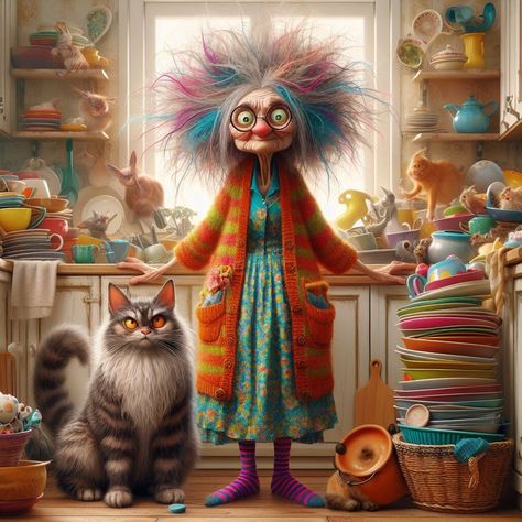 Cluttered House, Old Lady Cartoon, Lady Cartoon, Meme Chat, Good Morning Cat, Funny Old People, Morning Cat, Cleaning House, Old Lady