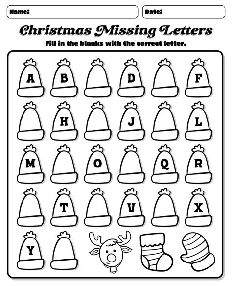 Printable Christmas Missing Letters Worksheet Christmas Alphabet Worksheets, Christmas Worksheets Preschool Math Activities, Free Kindergarten Christmas Printables, Holiday Worksheets For Preschool, Toddler Christmas Worksheets, Christmas Kids Worksheets, Christmas Addition Kindergarten, December Worksheets Kindergarten, Preschool Christmas Activities Printable