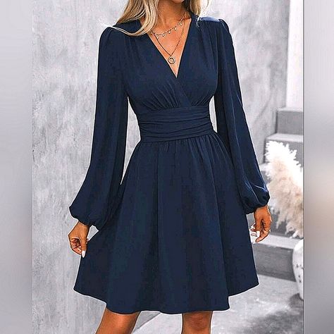 Blue Long Sleeve Formal Dress, Knee Length Dresses Long Sleeve, Long Sleeve Winter Formal Dress, Winter Dress Engagement Photos, Winter Formal Dresses Modest, Knee Length Dresses Casual Classy, Navy Blue Dress Outfit Winter, Long Sleeve Semi Formal Dress, Womens Business Casual Dress