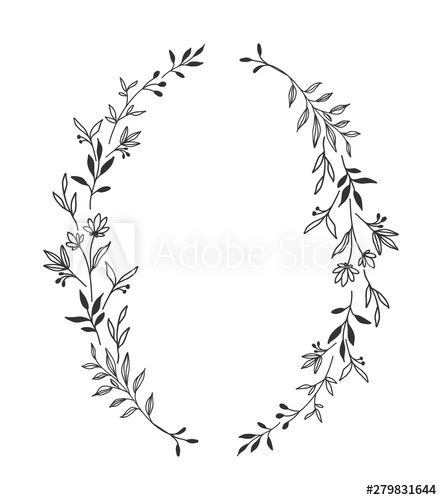 Stock Image: Hand drawn floral oval frame wreath on white background Flower Reef, Floral Wreath Drawing, Black And White Wallpapers, Flor Tattoo, Vine Drawing, White Wallpapers, Framed Tattoo, Flower Line Drawings, Happy Birthday Art