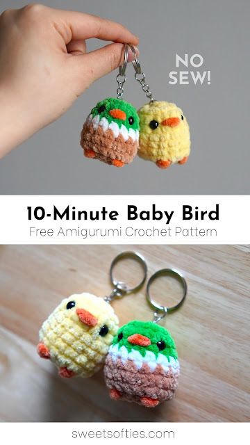 10-Minute Baby Bird · Free Amigurumi Crochet Pattern - Sweet Softies Easy Crochet Critters, Love Birds Crochet Pattern Free, Crochet Bird Feet Free Pattern, Crochet Mini Gift Ideas, Crochet Small Keychain Pattern Free, Cute Easy Crochet Keychain, Cute Small Amigurumi, Chunky Crochet Keychain, Mini Crochet Stuffies