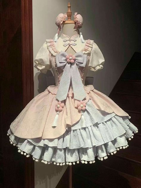 Detailed Outfits, Kawaii Outfit Ideas, Knot Button, Enchanting Dress, Pink And Blue Dress, Chinese Cheongsam, Op Dress, Lolita Outfits, 캐릭터 드로잉