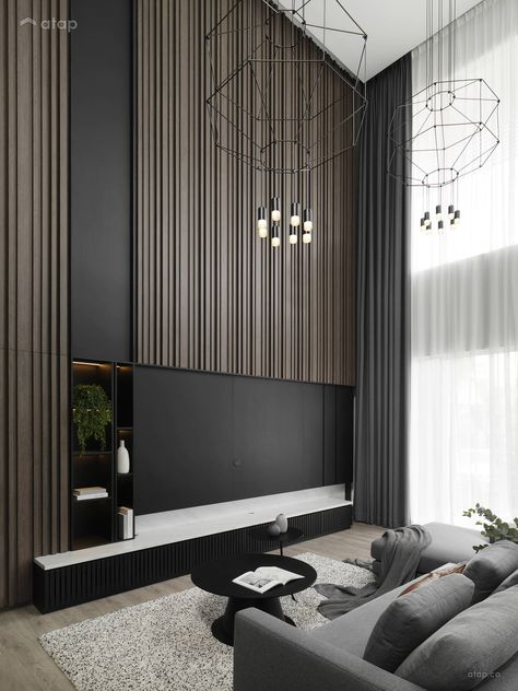 Contemporary Minimalistic Living Room semi-detached design ideas & photos Malaysia | Atap.co Minimalistic Living Room, High Ceiling Living Room, Contemporary Living Room Design, Tv Room Design, Luxury Living Room Design, Minimalist Interior Design, Studio Interior, Contemporary Living Room, Minimalist Interior