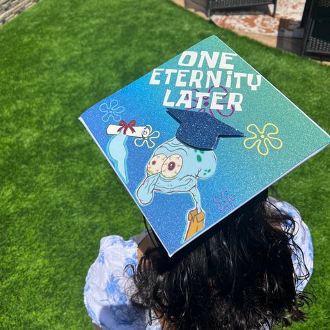 #eternity #spongebob #squidward #graduation #graduationcapdesigns Grad Cap Ideas Spongebob, Spongebob Graduation Cap Designs, Spongebob Theme Graduation Cap, Spongebob Graduation Cap Ideas, Squidward Graduation Cap, Meme Grad Cap Ideas, Blue Cap Graduation Decoration, Cap Decoration Graduation Spongebob, Sponge Bob Graduation Cap