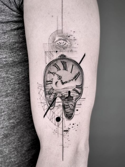 Geometric Tattoo Leg, Tato Geometris, Geometric Tattoo Sleeve Designs, Mangas Tattoo, Surreal Tattoo, Hourglass Tattoo, Clock Tattoo Design, Inspiration Tattoos, Cool Tattoos For Guys