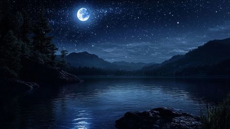 The moon is full & the stars are out over a moonlit lake. Nighttime Wallpaper, Wallpapers For Macbook, Moonlit Lake, Moon Hd, Wallpaper Horizontal, Still Of The Night, Blogging Quotes, The Rocky Mountains, Ipad Wallpaper