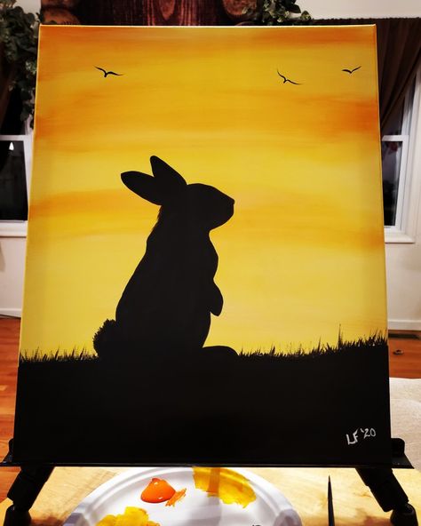 Spring Sunset Painting, Sunset Painting With Silhouette, Easy Spring Canvas Painting, Easter Easy Paintings, Easy Silhouette Drawing Ideas, Silloute Painting, Siloette Ideas Painting, Easter Canvas Painting Ideas Easy, Silhouettes Paintings