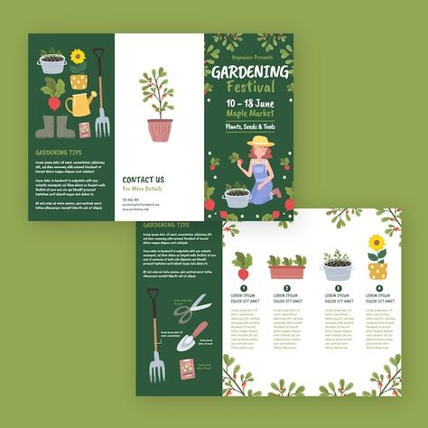 Brochure Graphic Design Inspiration, Brochure Design Handmade, Cute Brochure Design, Brochure Environment, Brochure Design Layout Templates, Brand Brochure Design, Gardening Branding, Nature Brochure, Leaflet Design Ideas