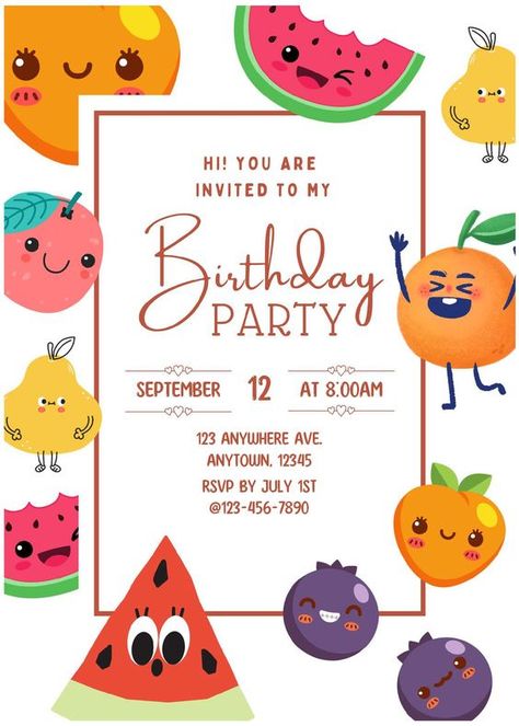 Get (Free Editable PDF) Delightful Summer Frutti Birthday Invitation Templates           Fruit-up your party with our fun and extensive collection of bright, fresh and adorable party invitation. Perfect for a birthday party and baby s... Fruit Party Invitation, Fruit Invitation Template, Fruit Birthday Theme Ideas, Fruit Birthday Party Ideas, Fruits Birthday Theme, Fruit Birthday Party Theme, Summer Themed Birthday Party, Fruit Themed Birthday Party, Fruit Invitation