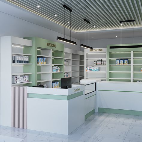 Vet Pharmacy Design, French Pharmacy Aesthetic, Small Pharmacy Design, Pharmacy Store Front Design, Hospital Design Interior, Medical Store Interior Design, Medical Shop Interior Design, Pharmacy Store Design Interiors, Medical Interior Design