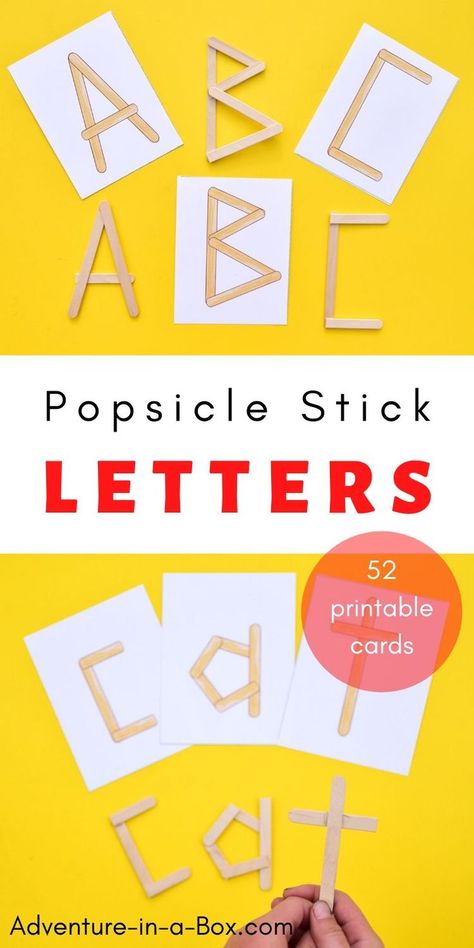 Challenge children to build popsicle stick letters, while using these printable cards for inspiration! #homeschool #homeschooling #preschool #alphabet #popsiclesticks #printables #kindergarten #letters #alphabet #writing #reading #cvcwords Abc Popsicle Sticks, Build The Letter Popsicle Sticks, Popsicle Letters, Popsicle Stick Letters, Morning Baskets, Abc Countdown, Stick Letters, Playdough To Plato, Watermelon Patch