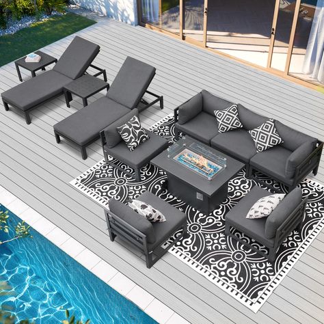 PRICES MAY VARY. 🌈【All-Aluminum Luxury Material】 Crafted to be premium, modern, and luxurious, our RADIATA aluminum patio furniture features a suite with a fire pit table. Constructed with aluminum and finished with a 1.2mm powder-coating technique, our sofa set assures robustness, durability, and resistance to rust. With a weight capacity of up to 500 lbs compared to the standard 350 lbs, our sofas offer superior support. The sturdy aluminum frame coupled with the exquisite powder-coating text Pool Furniture Ideas Layout, Pool Deck Furniture Ideas, Pool Deck Furniture, Luxury Sofa Set, Chaise Lounge Outdoor, Deck Furniture Layout, Aluminum Patio Furniture, Outdoor Luxury, Backyard Seating