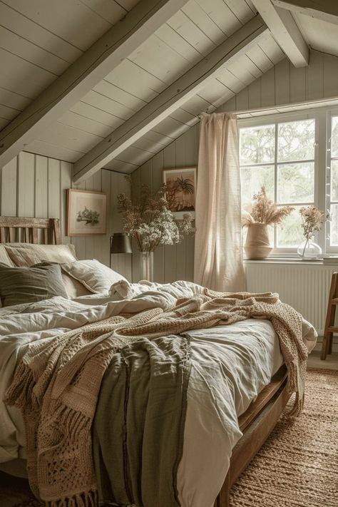 Calming Bedding Ideas, Natural Tone Bedroom Ideas, Cozy Wooden House Interiors, Victorian Boho Bedroom, Earthy Vintage Bedroom, Cozy Master Room, Bedroom Ideas Wooden Bed, Boho Cottage Bedroom, Cottagecore Bedroom Aesthetic