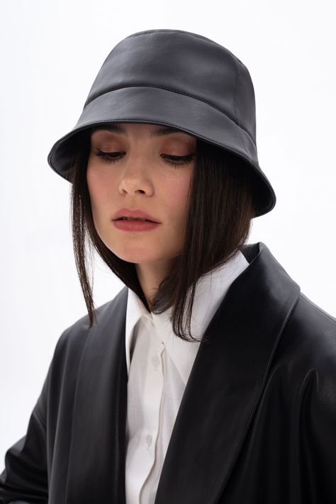 VERTIGO Black Leather Bucket Hat. Your perfect spring accessory to highlight a stylish outfit! Leather Bucket Hat Outfit, Black Bucket Hat Outfit, Bucket Hat Leather, Leather Bucket Hat, Bucket Hat Outfit, Black Bucket Hat, Hat Outfit, Spring Accessories, Stylish Outfit