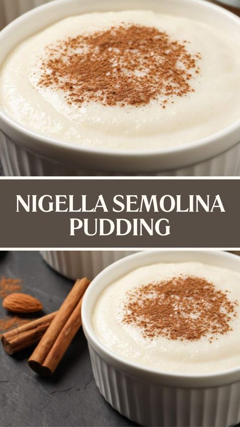 Nigella Semolina Pudding Semolina Pudding Recipes, Semolina Recipe Desserts, Semolina Breakfast, Semolina Custard, Nigella Lawson Desserts, Semolina Recipes, Semolina Recipe, Vanilla Pudding Recipes, Semolina Pudding