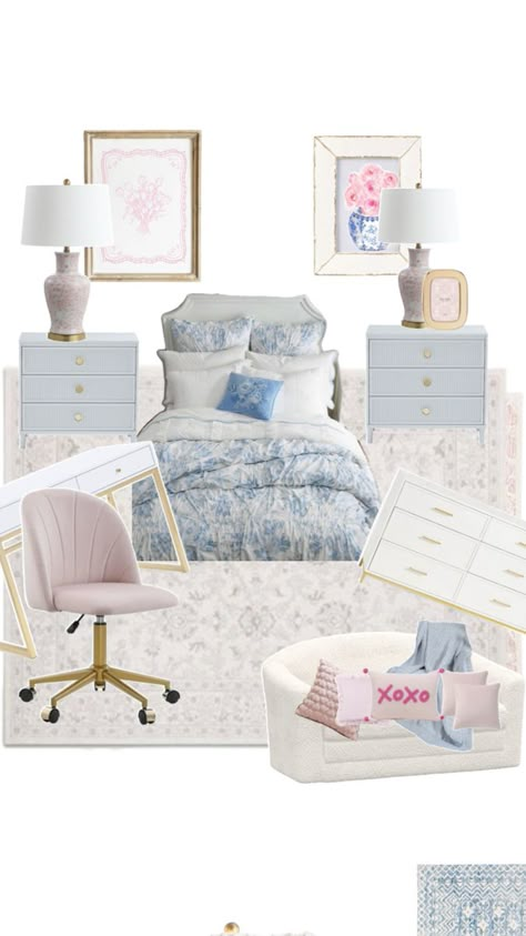 Blue White Pink Bedroom, Pink Coastal Granddaughter Room, Love Shack Fancy Room Ideas, Blue And Pink Coastal Bedroom, Blue Love Shack Fancy Room, Blue Love Shack Fancy Bedroom, Pink Blue And White Bedroom, Blue And Pink Aesthetic Room, Blue And Pink Room Ideas