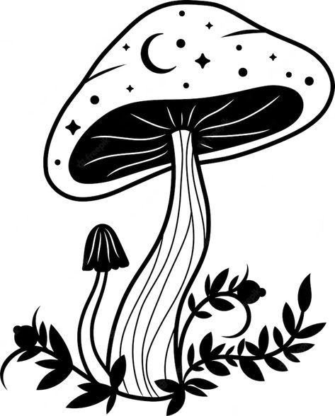 Premium Vector | Mushroom mushroom silhouette mystical mushroom with moon and stars Halloween Henna, Mushroom Silhouette, Mushroom Vector, Animal Stencil Art, Moon Mushroom, Tunnel Book, Cricut Svgs, Star Silhouette, Mushroom Drawing