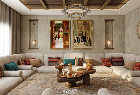 Middle Eastern Living Room, Arabic Majlis Design, Arabian Interior Design, Arabian House Design, Arabic Style Living Room, Arabian Majlis, Majles Design, Room Divider Living Room, Makeover Living Room