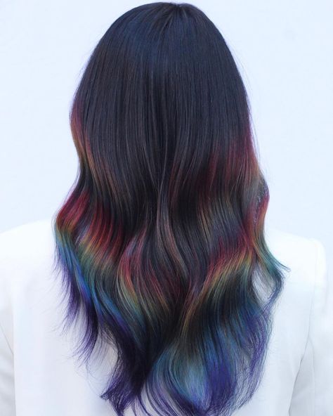 2024 Vision: Forecasting the Top 30 Hair Colors Everyone Will Covet 27 Dark Rainbow Hair, Rainbow Hair Highlights, Oil Slick Hair Color, Oil Slick Hair, Holographic Hair, Two Tone Hair, Peekaboo Hair, Rainbow Hair Color, Creative Hair Color