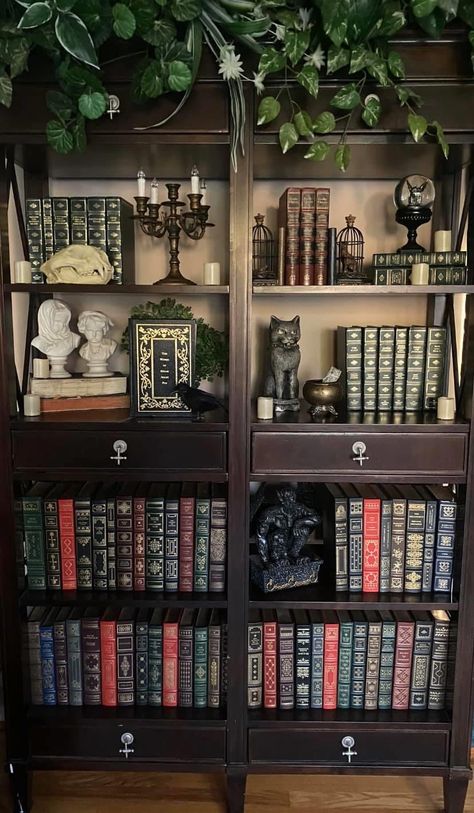 Witchy Modern House, Dark Apartment Asthetics, Maximalism Dark Academia, Interior Design Academia, Library Decor Aesthetic, Dark Academia Aesthetic House Decor, Dark Cottagecore House Aesthetic, Dark Forest Aesthetic Decor, Dark Green Room Aesthetic Vintage