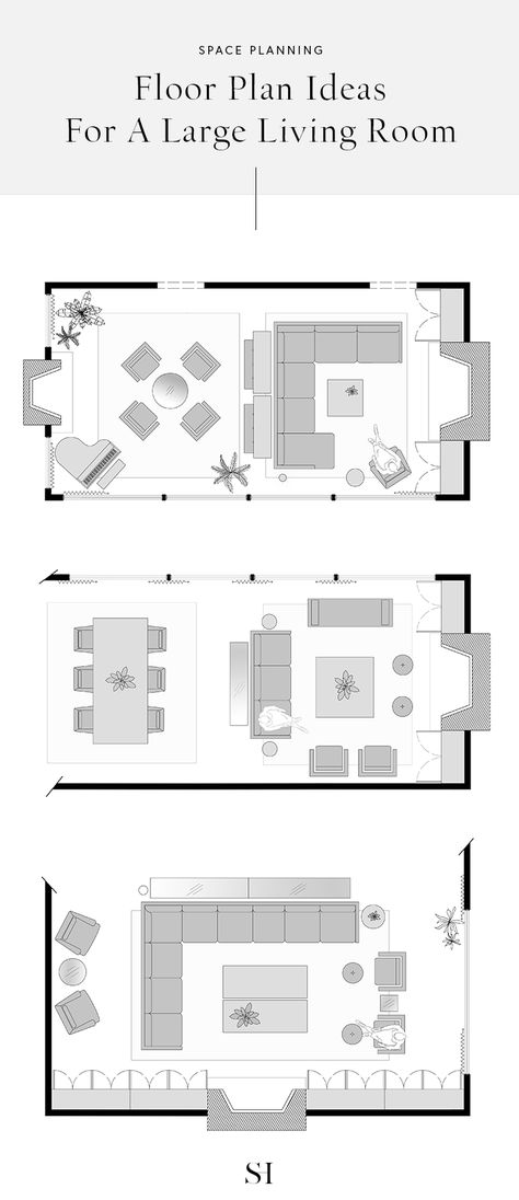 5 Furniture Layout Ideas for a Large Rectangular Living Room, with Floor Plans - #interiordesign #spaceplanning #floorplan #livingroom #livingroomideas #floor Open Concept Kitchen Living Room Furniture Layout, House Plans With Furniture Layout, Open Floor Plans Decorating Ideas, Seating Layout Living Room, Sectional Living Room Open Concept, Living Room Design Sectional Sofa, Sectional And Couch Layout, Living Room Furniture Plans, Back To Back Living Room Layout