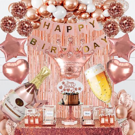 PRICES MAY VARY. [Great Value Pack:]: 1 x Happy Birthday banner , 2 x heart foil balloons , 2 x star foil balloons , 20 x rose gold balloons , 10 x white balloons , 6 x rose gold confetti balloons , 1 x champagne bottle balloon , 1 x wine glass balloon , 6 x tissue flowers , 1 x rose gold foil curtain , 1 x Crown balloon , 1set cake toppers [Great Value Pack:]: Rose gold birthday decorations can be used for various parties or celebrations, perfect for girls/women 13th,16th,18th,20th,21st,22th, 2 Crown Balloon, Rose Gold Birthday Party, Gold Birthday Decorations, Rose Gold Birthday, Rose Gold Party Decor, Foil Curtain, Tissue Flowers, Flower Confetti, Birthday Party Set