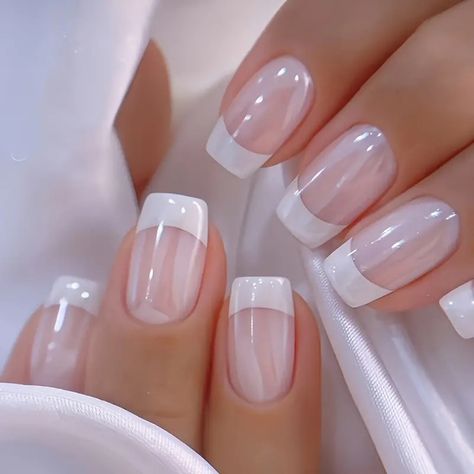 Elegant French Tip Press Nails Set Glossy Aurora White Pink - Temu Temu Stuff, White French Nails, Full Cover Nail Tips, Star Sequins, Press Nails, Press On Nails Medium, Nails Set, Nails Medium, Ballerina Nails