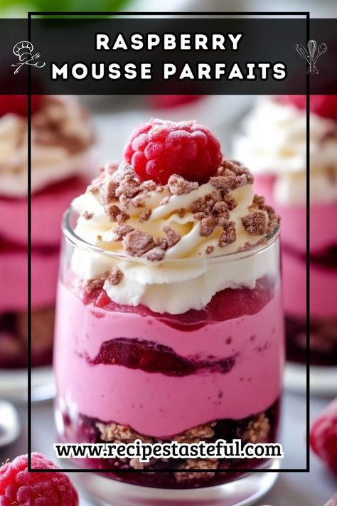 Indulge in these light and fluffy Raspberry Mousse Parfaits, layered with a luscious raspberry puree and whipped cream. Perfect for any occasion, these delightful desserts are both refreshing and visually stunning. Raspberry Puree, Fruity Dessert, Raspberry Crumble, Raspberry Mousse, Parfait Recipes, Raspberry Recipes, Fruity Desserts, Donut Shop, Fancy Dinner