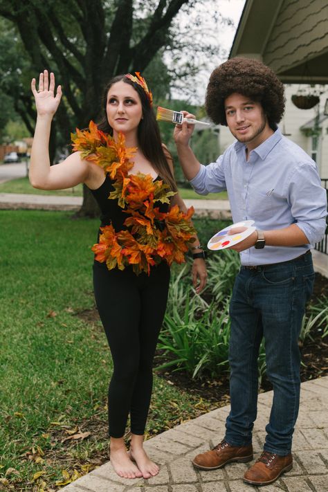 Cute Halloween Costumes Couples Easy Diy, Womens Tree Costume, Bob Ross Couples Halloween Costume, Bob Ross And Tree Costume, Bob Ross Halloween Costume Couple, Bob Ross Happy Tree Costume, Bob Ross And Painting Costume, Bob Ross And Happy Tree Costume, Diy Tree Costume Women