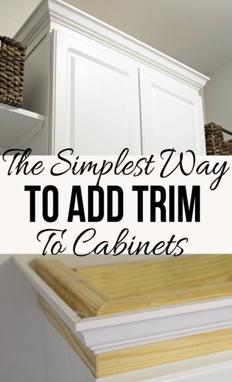 Upgrade those builder grade cabinets by adding some molding to the cabinets. Cabinet Molding, Koti Diy, Cabinet Trim, Stock Cabinets, Builder Grade, New Kitchen Cabinets, Kitchen Cabinets Makeover, Kitchen Upgrades, Kitchen Diy