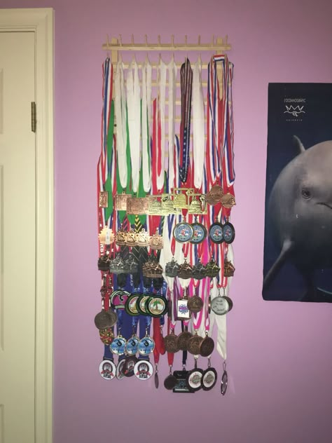 Gymnastics medals display. Medals Display Ideas, Gymnastics Medal Display, Medals Display, Gymnastics Medals, Bharatanatyam Poses, Trophy Display, Diy Curtain Rods, Award Display, Award Ideas