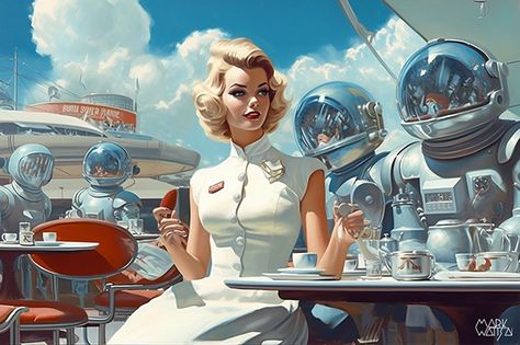 Atom Punk Art, 50s Futurism, Atompunk Aesthetic, Pink Old Car, Retro Futurism Atompunk, 1959 Pink Cadillac, Retro Sci Fi Art, Science Fiction Kunst, Atom Punk