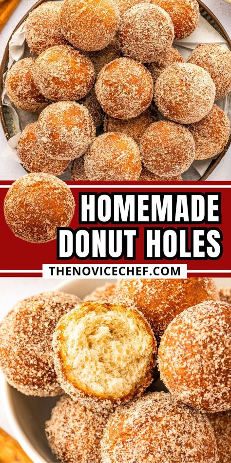 These fluffy and golden fried donut holes are coated with sweet cinnamon sugar! Freshly made and served with coffee, these homemade donut holes will disappear quicker than you can make them. Easy Cinnamon Donut Holes, Baked Doughnut Holes Recipe Easy, Easy Doughnut Holes, Homemade Fried Donuts Recipes, Homemade Mini Donuts Recipes, Homemade Doughnut Holes, Deep Fried Donuts Easy, Sugar Donuts Recipe Easy, Doughnut Holes Recipe Easy