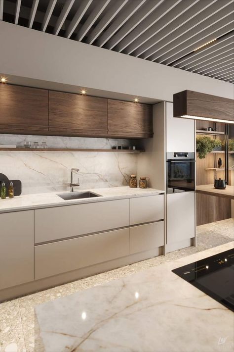 Kitchen Inspiration Design Minimalist, Beige Kitchen Dark Floor, Kitchen Ideas Beige, Kitchen With Wooden Floor, White Brown Kitchen, Kitchen Living Area Open Plan, Symphony Kitchen, Kitchen White Cabinets, Cashmere Kitchen