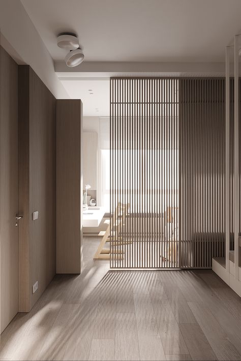 ZW | C13 on Behance Slat Sliding Door, Folding Door Hardware, Aluminium Sliding Doors, Modern Sliding Doors, Different Design Styles, 아파트 인테리어, Grid Design, Folding Doors, Door Furniture