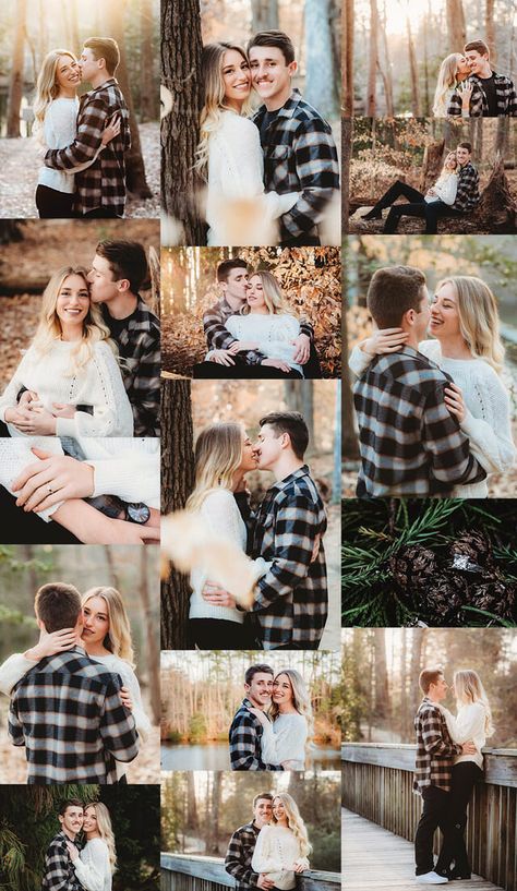 Couples Photo Session Poses, Engament Picture Ideas Fall, Couples Photoshoot Poses Woods, Engagement Photo Settings, Cute Fall Engagement Pictures, Engagement Photos Outfits Outdoor, Engagement Photos With Iphone, Cute Fall Engagement Photos, Woods Couple Pictures