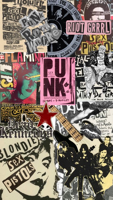 #punkrock #rock #vintage #sexpistols #music Punk Background Wallpapers, Punk Rock Background, Punk Scrapbook, Punk Rock Aesthetic Wallpaper, Punk Rock Wallpaper, Gcse Music, Punk Background, Punk Collage, Colorful Punk