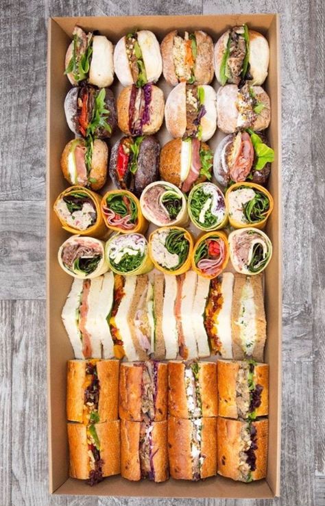 Catered Sandwich Ideas, Triangle Sandwich Platter, Tea Sandwich Display Ideas, Party Platters For A Crowd, Boxed Sandwiches, Sandwich Presentation Ideas, Sandwich Decoration Ideas, Sandwich Plating Ideas, Lunch Special Ideas Restaurant