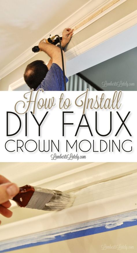 Check out this easy DIY for making existing crown molding look thick! Simply installing additional trim molding and using a faux painting trick makes simple molding look expensive. Crown Molding Diy, Faux Crown Molding, Simple Moulding, Thick Crown Molding, Cheap Crown Molding, Faux Crown Moldings, Simple Crown Molding, Modern Crown Molding, Easy Crown Molding