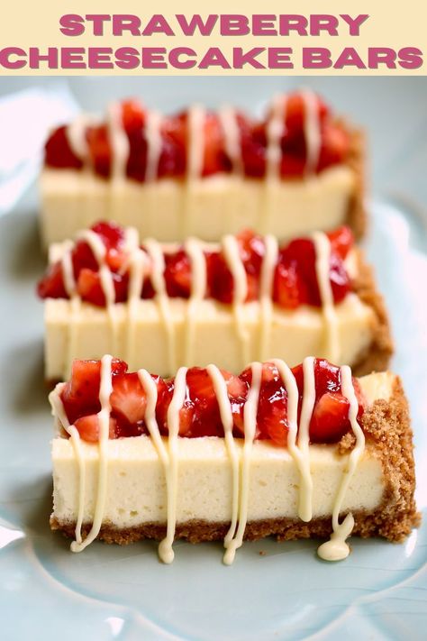 three strawberry cheesecake bars on a tray with text overlay. Philadelphia Snack Bars, Strawberry Cheesecake Bars Recipes, Philly Cheesecake, Snack Bar Recipes, Strawberry Snacks, Philadelphia Cheesecake, Cheesecake Strawberry, Strawberry Cheesecake Bars, Cheesecake Bar Recipes