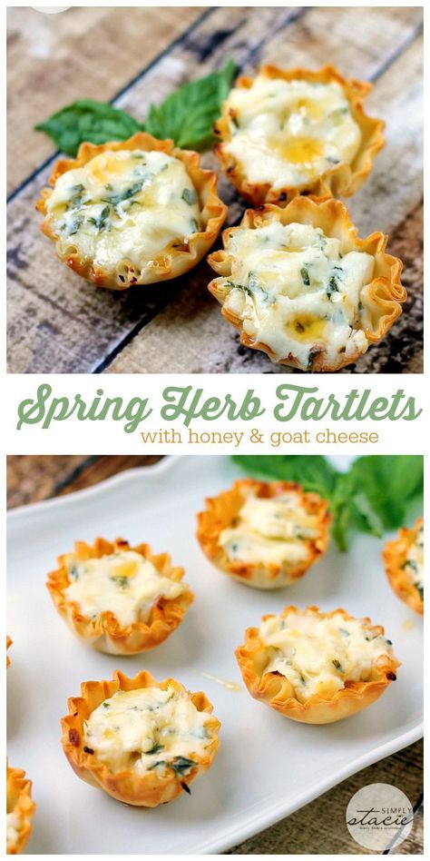 Spring Herb Tartlets with Honey and Goat Cheese - creamy, smooth filling with a fresh burst of herb-y flavour and a touch of sweetness all nestled inside a buttery phyllo pastry cup! Spring Appetizers, Phyllo Pastry, Party Food Appetizers, Best Appetizers, Yummy Appetizers, Appetizers For Party, Appetizers Easy, Goat Cheese, Clean Eating Snacks