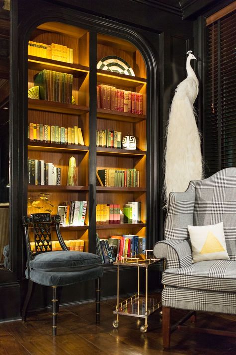 The Spectator Bar at The Spectator Hotel, Charleston - ELLEDecor.com Library Bar, Book Cases, Home Library Design, Hotel Bar, Book Case, Home Library, A Living Room, Built Ins, Interior Inspiration