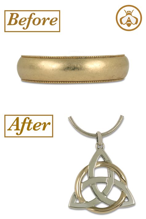 When this customer's husband passed away, she didn't know what to do with his wedding ring. She came to us. We created the Celtic trinity knot pendant shown in the "after" image, and melted down the wedding ring to create the yellow gold circle incorporated in the pendant. Reusing an old wedding ring by turning it into a pendant is a beautiful way to honor loved ones. We are always honored to be a part of these projects. Find out more or get in touch at the link. Repurpose Parents Wedding Bands, Repurposed Rings Ideas, Wedding Ring Memorial, Redesign Old Jewelry, Wedding Ring Redesign, His Wedding Ring, Ring Redesign, Memorable Jewelry, Old Wedding