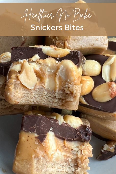 No Bake Snickers Crunch Bars, Sweet Treats To Take To Work, Protein Snickers Bites, Frozen Healthy Snickers, Healthy Snacks High In Protein, Meal Prep Sweet Snacks, Snickers Bites Healthy, Homemade Healthy Snickers, Healthy Snickers Recipe