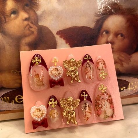 Cherub Nails Designs, Cherub Nails, Cupid Nails, Rococo Nails, Queen Of Hearts Nails, Angelic Nails, Nails Packaging, Angel Nails, Fantasy Nails