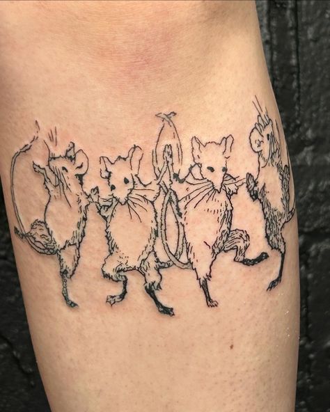 🐀Dancing mice for sweet Gwyn🪇 • So happy these little guys found their forever home !! • I'm thinking of doing some Tale of Desperaux flash in the future 🫣 • Ty for looking • #miceofinstagram #mousetattoo #illustrativetattoo #bloomingtonindiana #chicagoartist #blacktattooartist #linearttattoo Dancing Rats Tattoo, Mouse Skeleton Tattoo, Dancing Mice Tattoo, Mole Tattoo Animal, Rat Tattoo Cute, Secret Of Nimh Tattoo, Gerbil Tattoo, Rat Tattoo Simple, Cute Mouse Tattoo