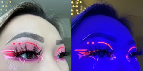 Neon Pink Rave Makeup, Uv Liner Makeup, Pink And Black Graphic Liner, Uv Eyeliner Looks, Cyberpunk Eyeliner, Neon Liner Makeup, Cyberpunk Makeup Ideas, Pink Rave Makeup, Rave Eye Makeup